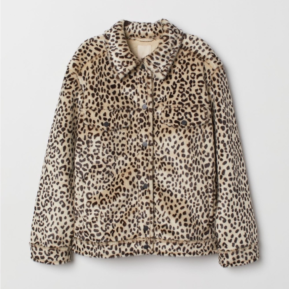 H&M Faux Fur Jacket with Collar - light beige/leopard print